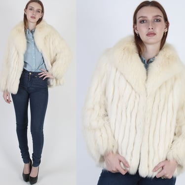 SAGA Cream Fox Fur Jacket / Womens Arctic Apres Ski Coat / Vintage 80s Plush Ivory Shawl Collar / Suede Panel Corded Overcoat 