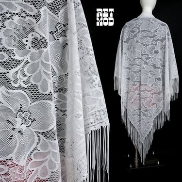 Magical Lightweight Vintage 70s White Floral Hippie Wrap with Lots of Fringe 