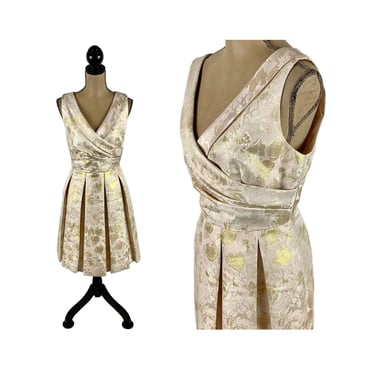 Y2K Cocktail Dress Large, Blush + Gold Elegant Short Formal, Sleeveless Pleated Midi Dress with Pockets, 2000s Clothes Women Size 12 Tahari 