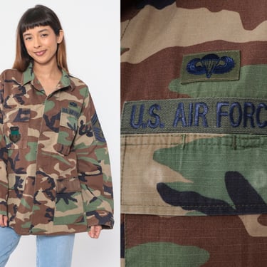 US Air Force Jacket 90s Camo Army Jacket Camouflage Button Up Retro Military Patch Utility Commando Cargo Field Vintage 1990s Medium Long 