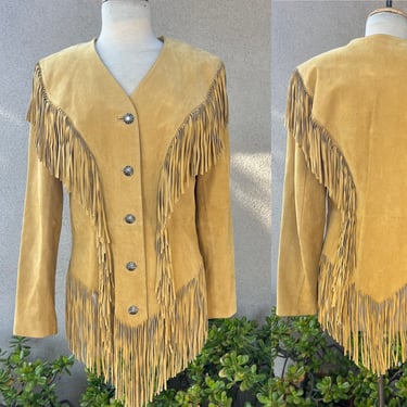 Vintage Cripple Creek fringe western jacket warm yellow suede leather Sz Medium 