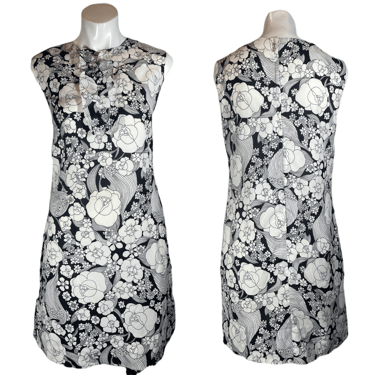 1960's Black and White Rose Print Shift Dress Size S/M