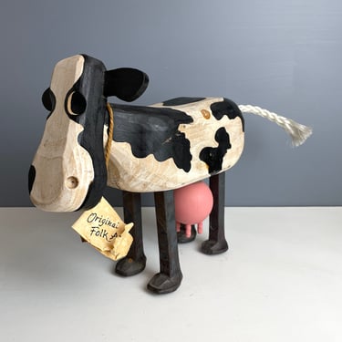 Artisan wooden cow with cast iron legs by Bob and Jean Rich - 1980s vintage 