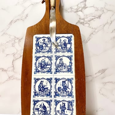 Vintage Rustic Wooden Cutting Board Delft Tiles w/ Loop-tie & Knife | Farmhouse Kitchen 