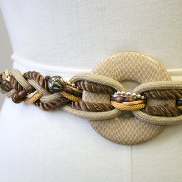 1980s Khaki Faux Snakeskin Disk and Cord Belt 