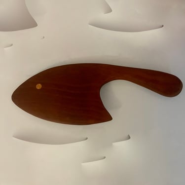 Vintage Mid Century Modern Unique Large Signed Teak Hand Crafted Fish Shaped Kitchen Tool Eye Decoration to Both Sides Scandinavian 