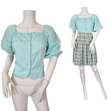 1980's Teal Blue Button Down Puff Sleeve Peasant Top I Blouse I Shirt I Sz Med 