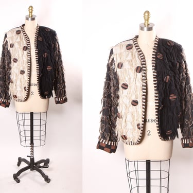 1980s Black, Cream and Tan Fringe Open Front Oversized Button Long Sleeve Color Block Jacket by Crystal 