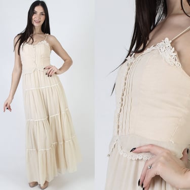 Candi Jones Prairie Peplum Waistline Maxi Dress / 70s Thin Spaghetti Tie Straps / Plain Romantic Crochet Wedding Gown 