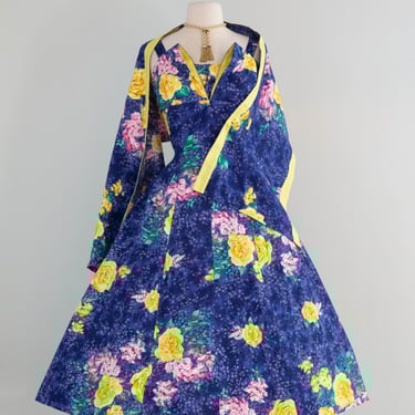 Iconic 1950's Yellow Rose Print Cotton Summer Dress With Matching Shawl / Small