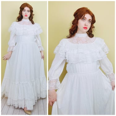 1980s Vintage Western Collection Cotton Crinkle Prairie Wedding Gown / 80s Lace Collar Ruffled Bustle Walking Lawn Dress / Large - XL 