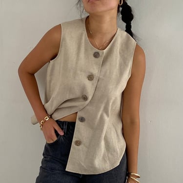 90s linen vest sleeveless blouse / vintage oatmeal linen sleeveless blouse vest | Medium 