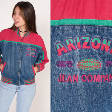 Y2K Bomber Jacket Arizona Jeans Company Snap Up Jacket Blue Denim Red Color Block Jean Coat Embroidered Logo Vintage 00s Extra Small xs 