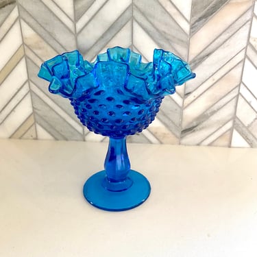 Fenton Glass Blue Hobnail Ruffled Edge Compote, Bright Cerulean Colonial Blue, Pedestal, Vintage Glassware, Mid Century MCM Candy Dish, Art 