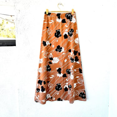 Vintage 70s Floral Skirt 1970s Beige Black Long Skirt 