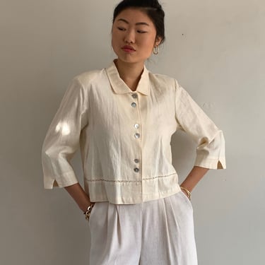 90s linen cropped blouse / vintage buttercream woven linen April Cornell cropped Peter Pan shirt blouse | Medium 