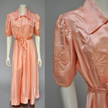 1930s peach satin TRAPUNTO dressing gown M/L 