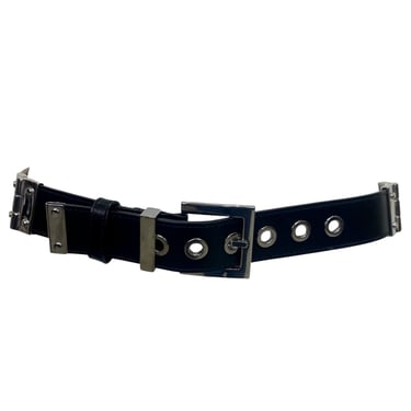 Dolce & Gabanna 2000's Blue Leather and Woven Canvas Hinged Silver Buckle Belt