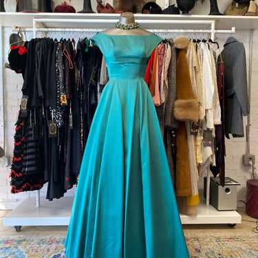 vintage 1950s Harry Keiser green satin ball gown, x-small, 50s party dress, 24 