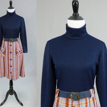 60s Preppy Plaid Skirt Dress - Navy Blue Orange Brown White - Vintage 1960s 1970s - S 