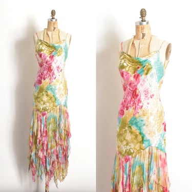 Vintage 2000s Dress / Y2K Diane Freis Colorful Silk Ruffle Dress / Pink Blue Green ( XS S M ) 