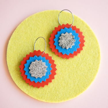 Linzer Cookie Hoop Earrings in Red + Blue + Silver Glitter Reclaimed Leather Zigzag Earrings 