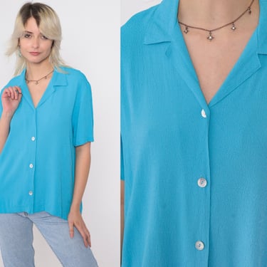 Turquoise Blue Blouse 90s Textured Button Up Shirt Plain Simple Short Sleeve Top Preppy Button Down Vintage 1990s Petite Medium P 