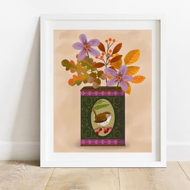 Autumn Botanicals In Vintage Tea Tin 8X10 Art Print/ Wren With Flowers Illustration/ Cottage Core Decor/ Modern Woodland Wall Art 