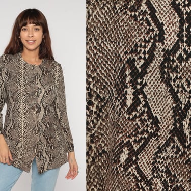 Snakeskin Blouse 80s 90s Silk Scale Pattern Top Snake Skin Animal Print Shirt Button Up Long Sleeve Party Brown Vintage 1980s Small 6 