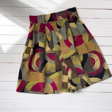 high waisted shorts | 80s 90s vintage Marnie West green yellow red abstract geometric pattern silky shorts 