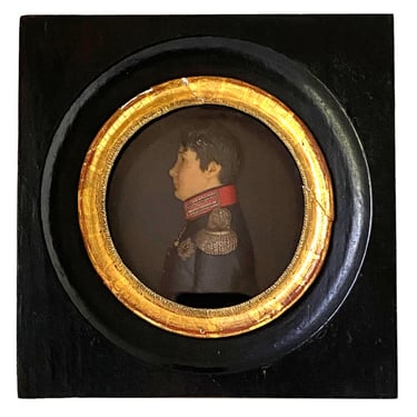 1810 Antique French School Miniature Wax Portrait Profile of a Military Gentleman, Square Ebonized Black Gold Frame 