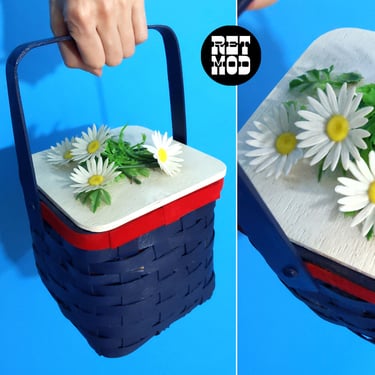Cute Vintage 60s 70s Navy Blue Basket Weave Box Purse with Daisies and Red Velvet Ribbon Trim 