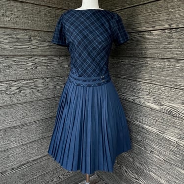 1950s navy plaid dress vintage fit and flare skirt and blouse set small / medium 