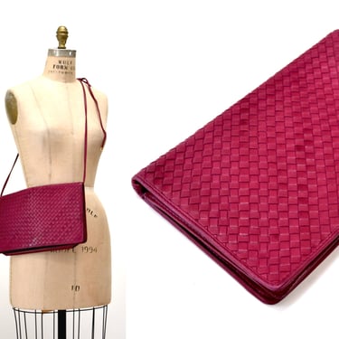 70s 80s Vintage Woven Leather Clutch Purse handbag Red Pink Leather Intrecciato Woven Leather Charles Jourdan Made in Italy 70s 80s Bag 