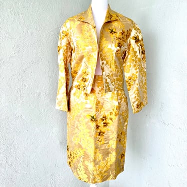 Vintage 50 60s Asian Silk Embossed Dress Coat 1950s Women’s Suit Brocade Set Floral Yellow Jacket Skirt 