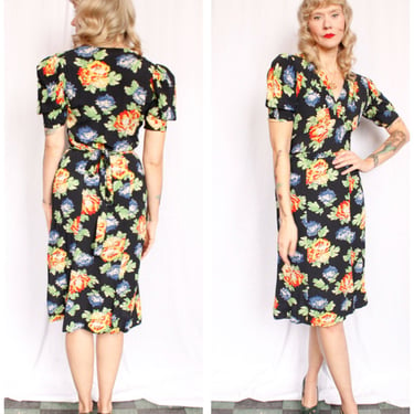 1940s Puff Sleeve Rayon Floral Dress - Small 