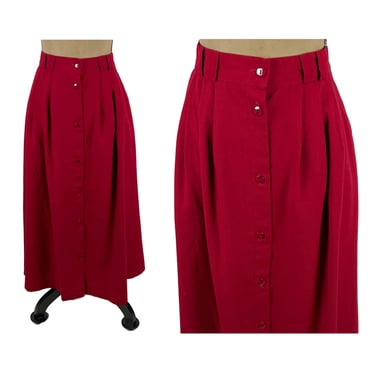 M-L | 80s 90s Cranberry Red Skirt, High Waist Long A Line Button Up Maxi with Pockets and Belt Loops, Casual Women Vintage from REQUIREMENTS 
