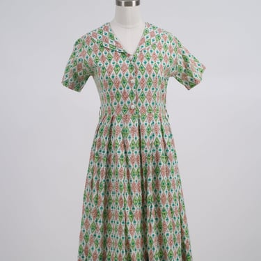 1950s Green, White and Brown Shirtdress