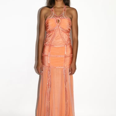 Coral Ruched Silk Beaded Gown