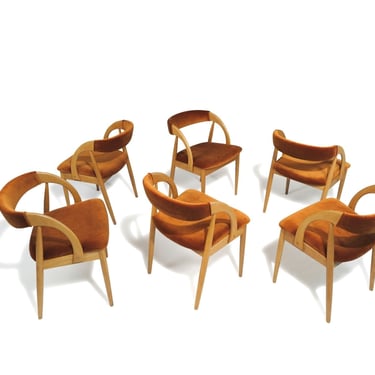 Six Scandinavian White Oak Dining Chairs Upholstered in Velvet