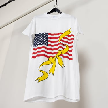 FLIRTS AMERICAN FLAG graphic tee white longline oversize poly cotton coverup beach T-Shirt / One Size fits all 