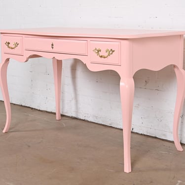 Baker Furniture French Provincial Louis XV Pink Lacquered Writing Desk, Newly Refinished