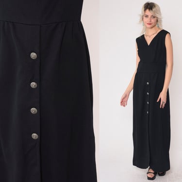 70s Maxi Dress Black V Neck Mod Dress Hippie Bohemian Button Up Front Slit Wrap Skirt 1970s High Waisted Boho Long Vintage Sleeveless Medium 