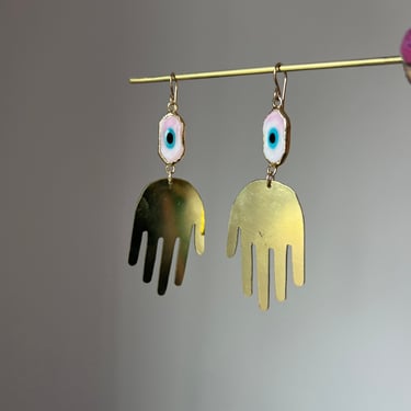 Big Hand Dangle earrings with pink evil eye statement earrings 