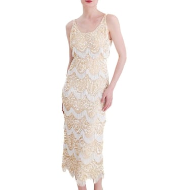 Gene Shelly Vintage 1960's Ivory Knit Sequin & Fringe Beaded Dress 