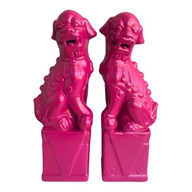 13” Vintage Hot Pink Foo Dogs | Male & Female Ceramic Shishi Lions | Chinoiserie Personal Guardians | Chinese Temple Dogs |  Color Pop Decor 
