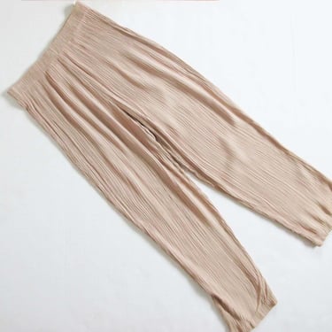 Vintage 90s Crinkle Texture Wrinkle Pants S M Petite - 1990s Neutral Nude Beige Elastic Waist Casual Pants 