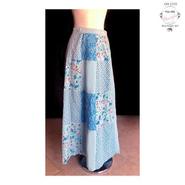 Vintage VELVET Patchwork Long Hippie Skirt, Sky Baby blue, Cotton, Wrap, Vintage Dress Designer 1960's, 1970's Boho 