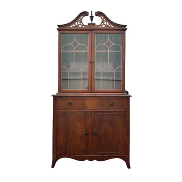 Antique Mahogany Bookcase Cabinet - Vintage Wood & Glass Breakfront Hutch American Chippendale Traditional Sheraton Federal Georgian Style 