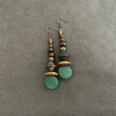 Carved wooden earrings, ethnic earrings, tribal earrings, extra long earrings, Afrocentric earrings, African earrings, boho earrings, green 
